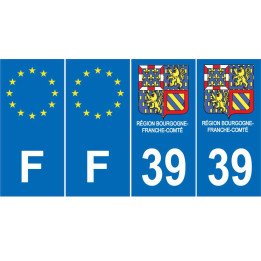 Lot de 4 autocollants bleu 39 JURA Drapeau Bourgogne-Franche-Comté - F Europe nouvelles régions plaque immatriculation sticker