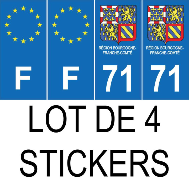 Lot de 4 autocollants bleu 71 SAONE-ET-LOIRE Drapeau Bourgogne-Franche-Comté - F Europe régions plaque immatriculation sticker