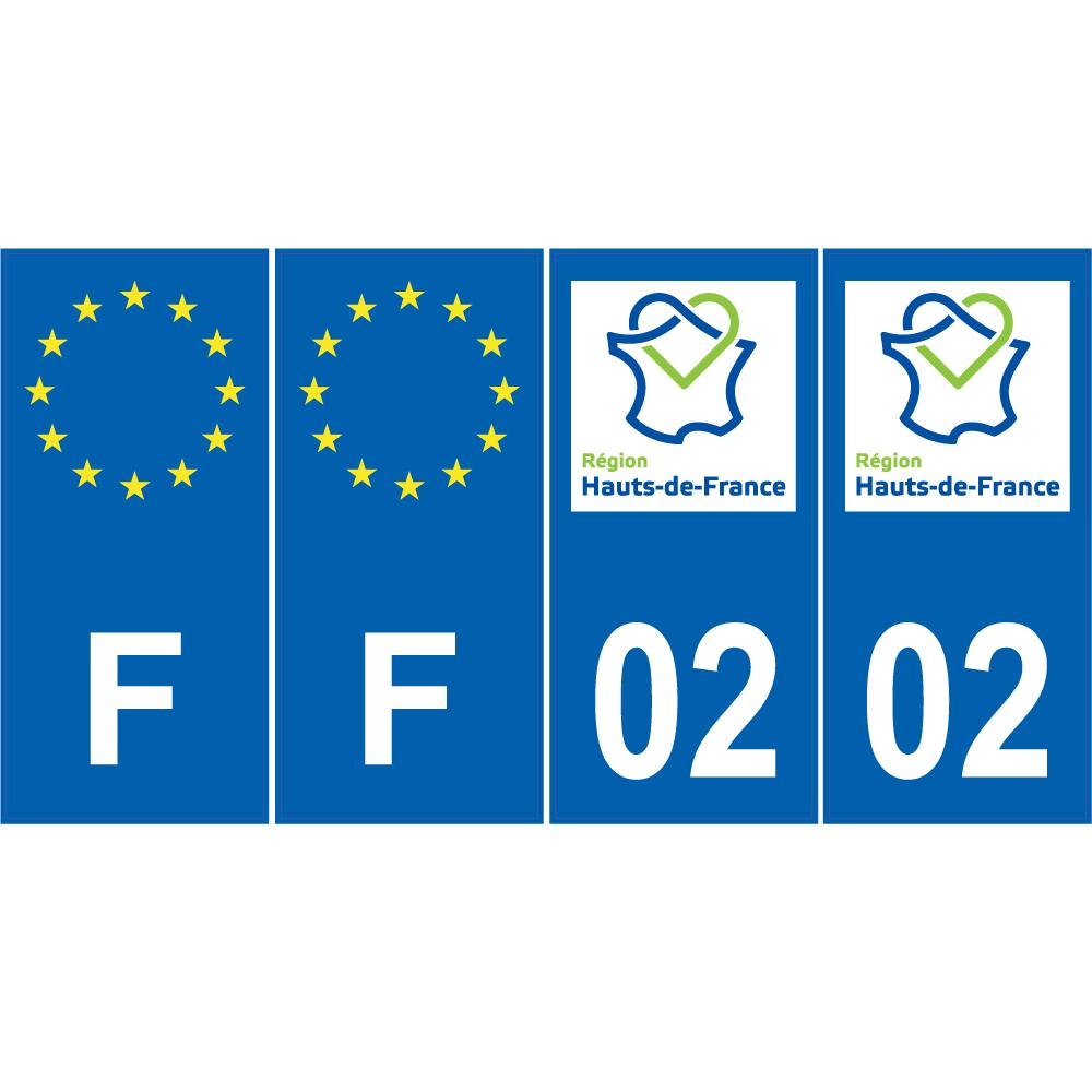 Lot de 4 autocollants bleu 02 AISNE Hauts de France - F Europe nouvelles régions immatriculation auto sticker