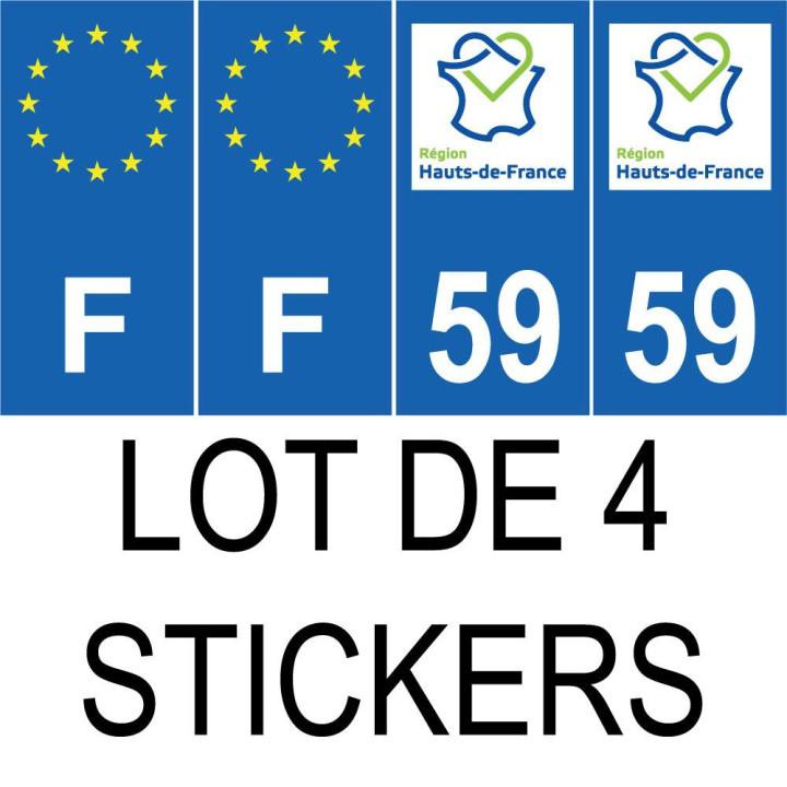Lot de 4 autocollants bleu 59 NORD Hauts de France - F Europe nouvelles régions immatriculation auto sticker