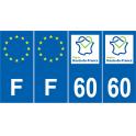 Lot de 4 autocollants bleu 60 OISE Hauts de France - F Europe nouvelles régions immatriculation auto sticker