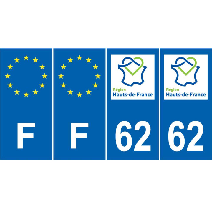 64 Pau Lot de 4 autocollants bleu 62 PAS-DE-CALAIS Hauts de France - F Europe nouvelles régions immatriculation auto sticker