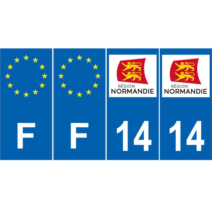Lot de 4 autocollants bleu 14 CALVADOS Normandie - F Europe nouvelles régions immatriculation auto sticker
