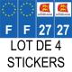 Lot de 4 autocollants bleu 27 EURE Normandie - F Europe nouvelles régions immatriculation auto sticker