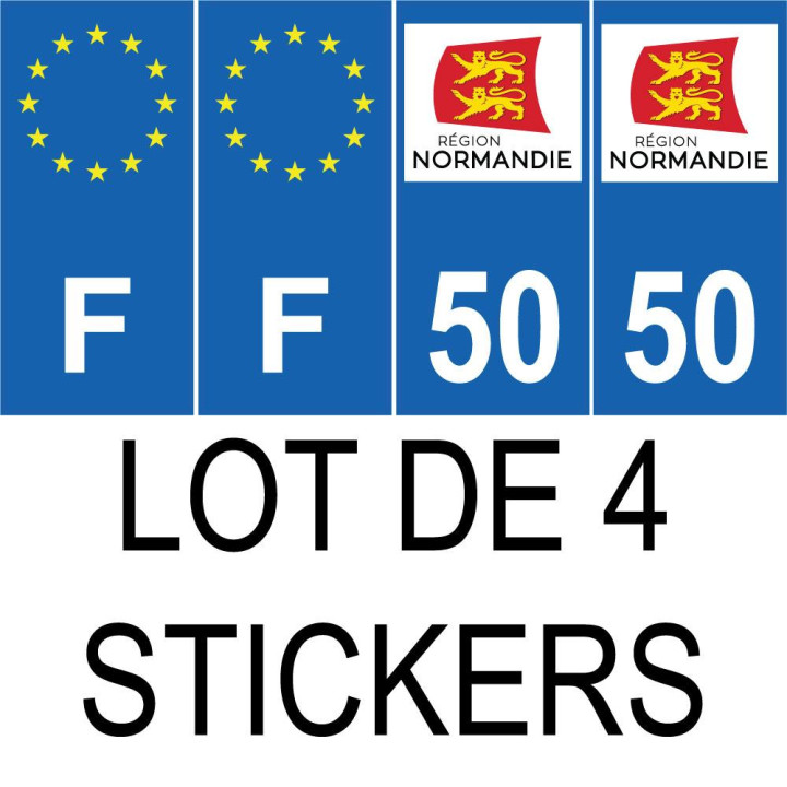 Lot de 4 autocollants bleu 50 MANCHE Normandie - F Europe nouvelles régions immatriculation auto sticker
