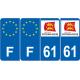 Lot de 4 autocollants bleu 61 ORNE Normandie - F Europe nouvelles régions immatriculation auto sticker