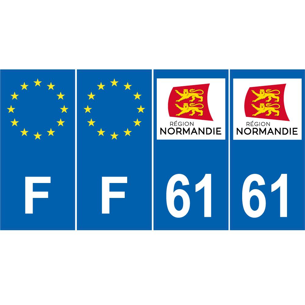 Lot de 4 autocollants bleu 61 ORNE Normandie - F Europe nouvelles régions immatriculation auto sticker