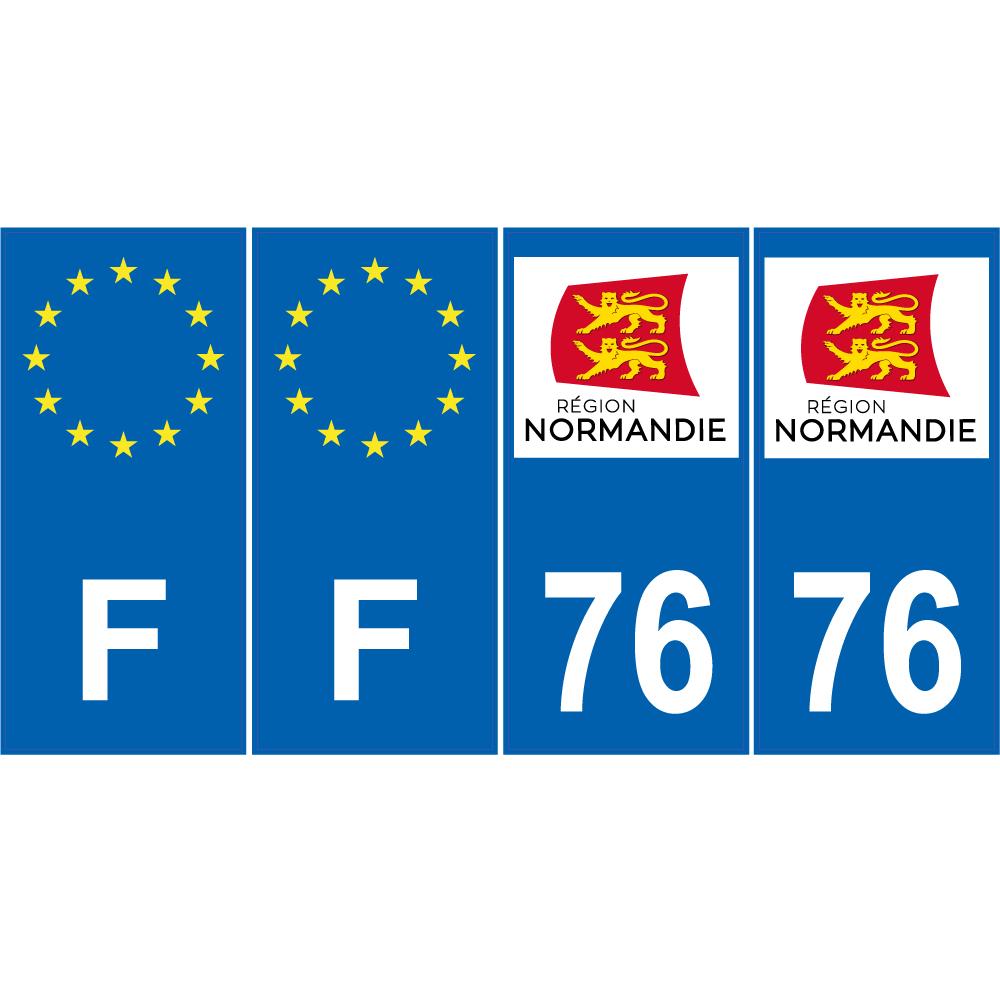 Lot de 4 autocollants bleu 76 SEINE-MARITIME Normandie - F Europe nouvelles régions immatriculation auto sticker
