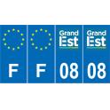 Lot de 4 autocollants bleu 08 ARDENNES Grand-Est - F Europe nouvelles régions immatriculation auto sticker