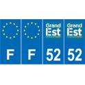 Lot de 4 autocollants bleu 52 HAUTE MARNE Grand-Est - F Europe nouvelles régions immatriculation auto sticker