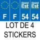 Lot de 4 autocollants bleu 54 MEURTHE-ET-MOSELLE Grand-Est - F Europe nouvelles régions immatriculation sticker