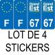 Lot de 4 autocollants bleu 67 BAS RHIN Grand-Est - F Europe nouvelles régions immatriculation auto sticker