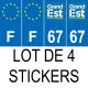 Lot de 4 autocollants bleu 67 BAS RHIN Grand-Est - F Europe nouvelles régions immatriculation auto sticker