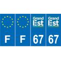 Lot de 4 autocollants bleu 67 BAS RHIN Grand-Est - F Europe nouvelles régions immatriculation auto sticker