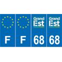 Lot de 4 autocollants bleu 68 HAUT RHIN Grand-Est - F Europe nouvelles régions immatriculation auto sticker
