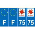 Lot de 4 autocollants bleu 75 PARIS Ile de France - F Europe nouvelles régions immatriculation auto sticker