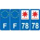 Lot de 4 autocollants bleu 78 YVELINES Ile de France - F Europe nouvelles régions immatriculation auto sticker