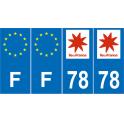 Lot de 4 autocollants bleu 78 YVELINES Ile de France - F Europe nouvelles régions immatriculation auto sticker