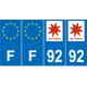 Lot de 4 autocollants bleu 92 HAUTS DE SEINE Ile de France - F Europe nouvelles régions immatriculation auto sticker