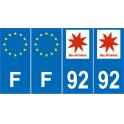 Lot de 4 autocollants bleu 92 HAUTS DE SEINE Ile de France - F Europe nouvelles régions immatriculation auto sticker