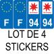 Lot de 4 autocollants bleu 94 VAL-DE-MARNE Ile de France - F Europe nouvelles régions immatriculation auto sticker