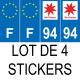 Lot de 4 autocollants bleu 94 VAL-DE-MARNE Ile de France - F Europe nouvelles régions immatriculation auto sticker