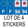 Lot de 4 autocollants bleu 94 VAL-DE-MARNE Ile de France - F Europe nouvelles régions immatriculation auto sticker