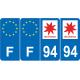 Lot de 4 autocollants bleu 94 VAL-DE-MARNE Ile de France - F Europe nouvelles régions immatriculation auto sticker