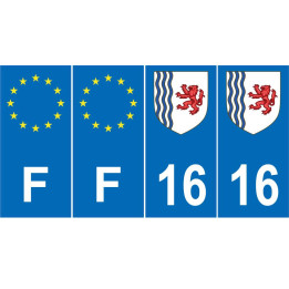 Lot de 4 autocollants bleu 16 CHARENTE Nouvelle-Aquitaine - F Europe nouvelles régions immatriculation sticker
