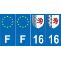 Lot de 4 autocollants bleu 16 CHARENTE Nouvelle-Aquitaine - F Europe nouvelles régions immatriculation sticker