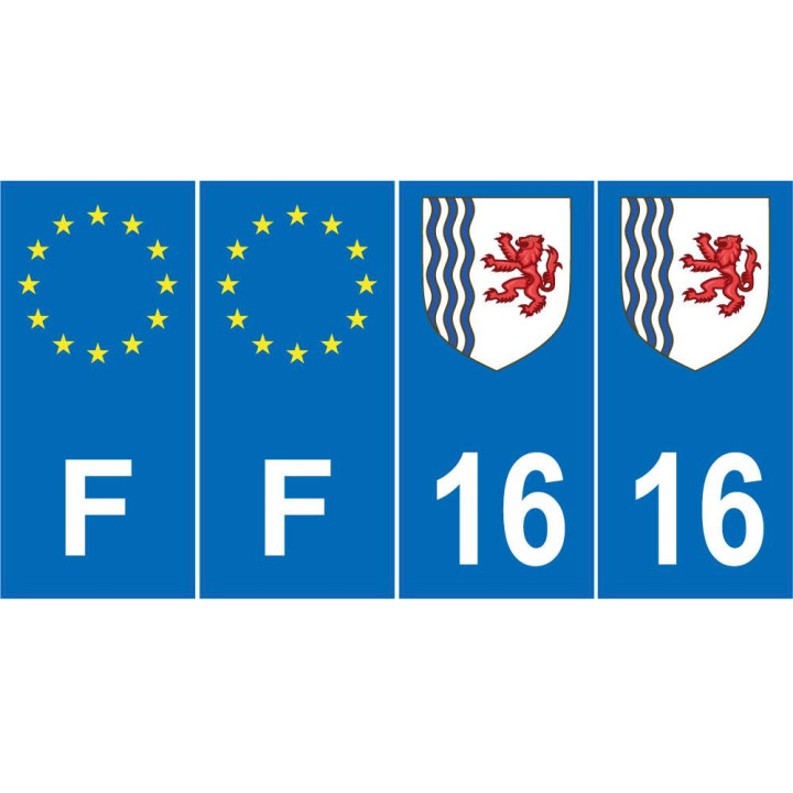 Lot de 4 autocollants bleu 16 CHARENTE Nouvelle-Aquitaine - F Europe nouvelles régions immatriculation sticker
