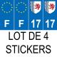 Lot de 4 autocollants bleu 17 CHARENTE-MARITIME Nouvelle-Aquitaine - F Europe nouvelles régions immatriculation sticker