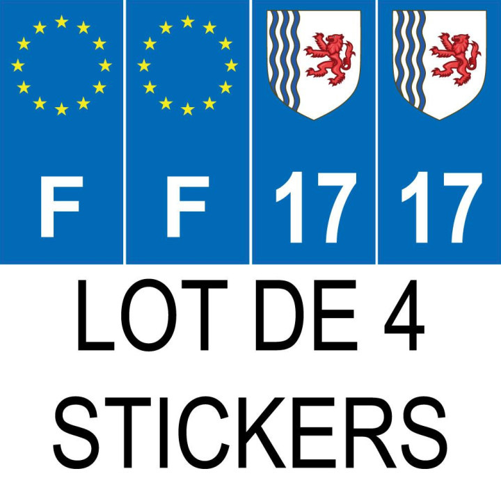 Lot de 4 autocollants bleu 17 CHARENTE-MARITIME Nouvelle-Aquitaine - F Europe nouvelles régions immatriculation sticker