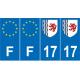Lot de 4 autocollants bleu 17 CHARENTE-MARITIME Nouvelle-Aquitaine - F Europe nouvelles régions immatriculation sticker