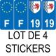 Lot de 4 autocollants bleu 19 CORREZE Nouvelle-Aquitaine - F Europe nouvelles régions immatriculation sticker