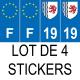 Lot de 4 autocollants bleu 19 CORREZE Nouvelle-Aquitaine - F Europe nouvelles régions immatriculation sticker