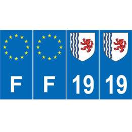 Lot de 4 autocollants bleu 19 CORREZE Nouvelle-Aquitaine - F Europe nouvelles régions immatriculation sticker