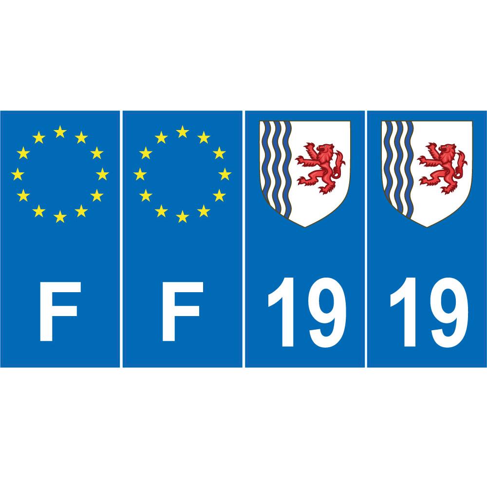 Lot de 4 autocollants bleu 19 CORREZE Nouvelle-Aquitaine - F Europe nouvelles régions immatriculation sticker