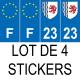 Lot de 4 autocollants bleu 23 CREUSE Nouvelle-Aquitaine - F Europe nouvelles régions immatriculation sticker