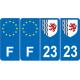 Lot de 4 autocollants bleu 23 CREUSE Nouvelle-Aquitaine - F Europe nouvelles régions immatriculation sticker