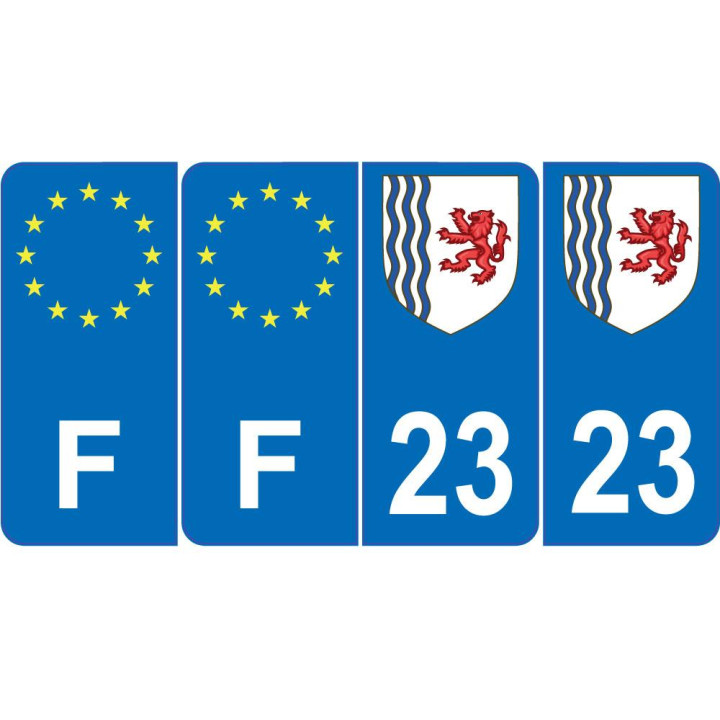 Lot de 4 autocollants bleu 23 CREUSE Nouvelle-Aquitaine - F Europe nouvelles régions immatriculation sticker