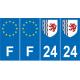 Lot de 4 autocollants bleu 24 DORDOGNE Nouvelle-Aquitaine - F Europe nouvelles régions immatriculation sticker