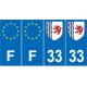 Lot de 4 autocollants bleu 33 GIRONDE Nouvelle-Aquitaine - F Europe nouvelles régions immatriculation sticker