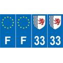 Lot de 4 autocollants bleu 33 GIRONDE Nouvelle-Aquitaine - F Europe nouvelles régions immatriculation sticker