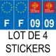 Lot de 4 autocollants bleu 09 ARIEGE Occitanie - F Europe nouvelles régions immatriculation auto sticker