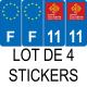 Lot de 4 autocollants bleu 11 AUDE Occitanie - F Europe nouvelles régions immatriculation auto sticker