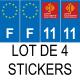 Lot de 4 autocollants bleu 11 AUDE Occitanie - F Europe nouvelles régions immatriculation auto sticker