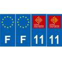 Lot de 4 autocollants bleu 11 AUDE Occitanie - F Europe nouvelles régions immatriculation auto sticker
