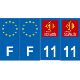 Lot de 4 autocollants bleu 11 AUDE Occitanie - F Europe nouvelles régions immatriculation auto sticker