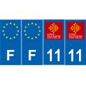 Lot de 4 autocollants bleu 11 AUDE Occitanie - F Europe nouvelles régions immatriculation auto sticker